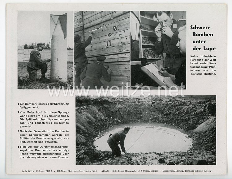 III. Reich - gedrucktes Pressefoto " Schwere Bomben unter der Lupe " 18.7.1944
