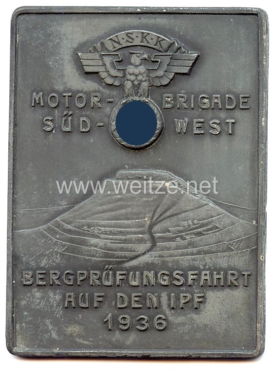 NSKK - nichttragbare Teilnehmerplakette - " NSKK Motorbrigade Süd-West Bergprüfungsfahrt auf den Ipf 1936 "