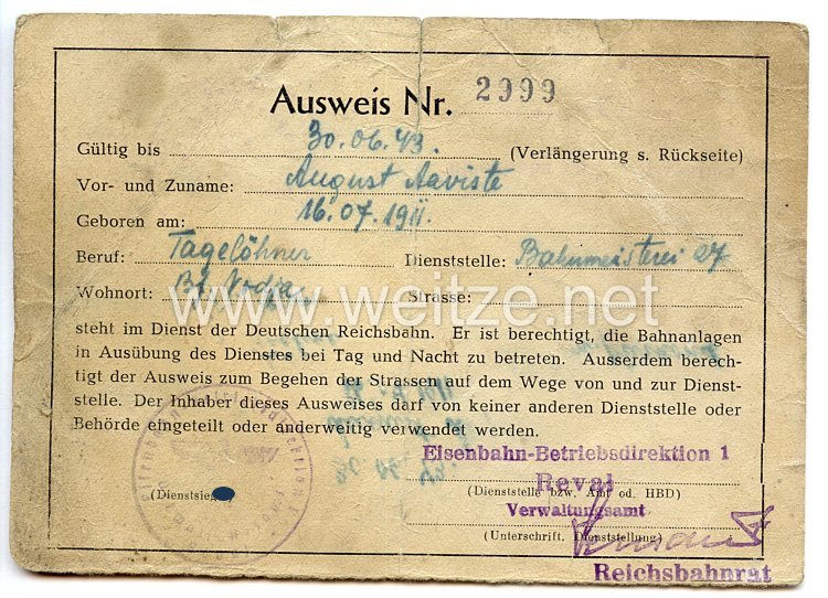 III. Reich / Estland - Eisenbahn-Betriebsdirektion Reval - Ausweis für einen Mann des Jahrgangs 1911 in der Deutschen Reichsbahn