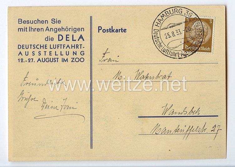 III. Reich - farbige Propaganda-Postkarte - " Deutsche Luftfahrt-Ausstellung Hamburg 12.-27.Aug.1933 im Zoo " Bild 2