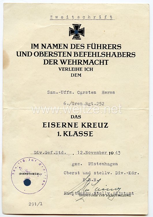 Verleihungsurkunde ,"Zweitschrift", Eisernes Kreuz 1. Klasse 1939 für einen Sanitäts Unteroffizier