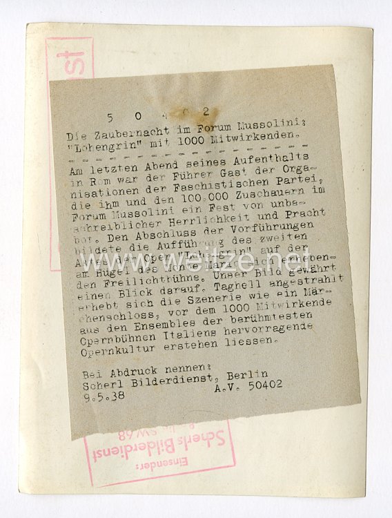 III. Reich Pressefoto. Die Zaubernacht im Forum Mussolini: "Lohengrin" mit 1000 Mitwirkenden. 9.5.1938.  Bild 2