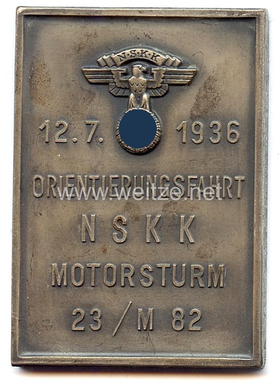 NSKK - nichttragbare Teilnehmerplakette - " NSKK-Motorstaffel 23/M82 - Orientierungsfahrt 12.7.1936 "