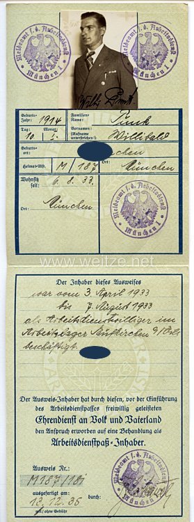 Freiwilliger Arbeitsdienst - Dienstzeit-Ausweis für Arbeitsdienstfreiwillige, die vor dem 15.12.1933 dem Arbeitsdienst angehörten Bild 2