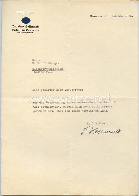 III. Reich - Originalunterschrift von Dr. Otto Hellmuth - Gauleiter von Mainfranken