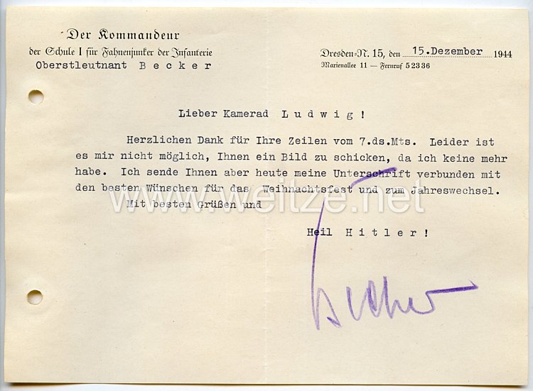 Heer - Originalunterschrift von Ritterkreuzträger Oberstleutnant Hans Becker