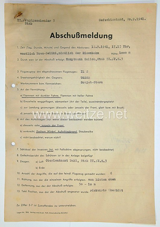 Luftwaffe - Abschußmeldung des Ritterkreuz- und Brillantenträger Hauptmann Gordon Gollob im II./Jagdgeschwader 3  Bild 2
