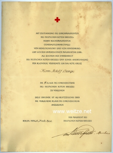 Deutsches Rotes Kreuz ( DRK ) - Verleihungsurkunde für die 2. Klasse des Ehrenzeichens des Deutschen Roten Kreuzes