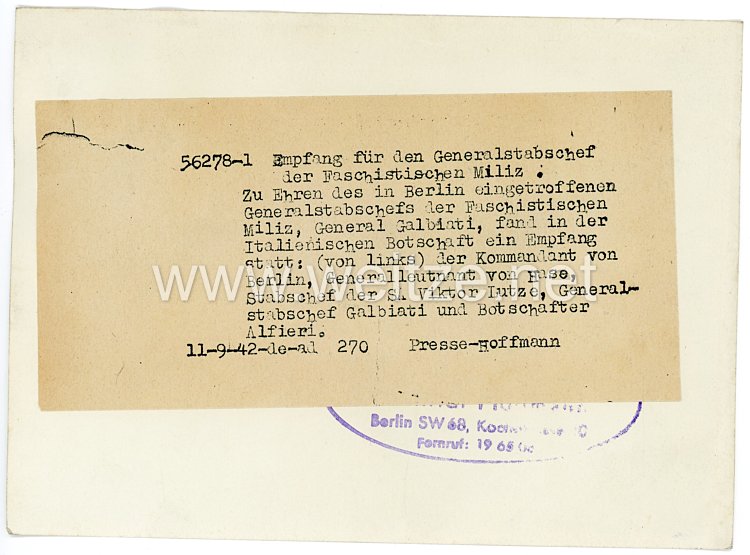 III.Reich Pressefoto, Empfang für den Generalstabschef der Faschistischen Miliz General Galbiati 11.9.1942 Bild 2