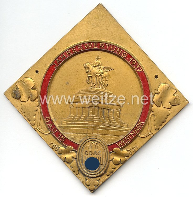 III. Reich - Der Deutsche Automobil Club ( D.D.A.C. ) - nichttragbare Teilnehmerplakette - " DDAC Gau 15 Westmark Jahreswertung 1937 "
