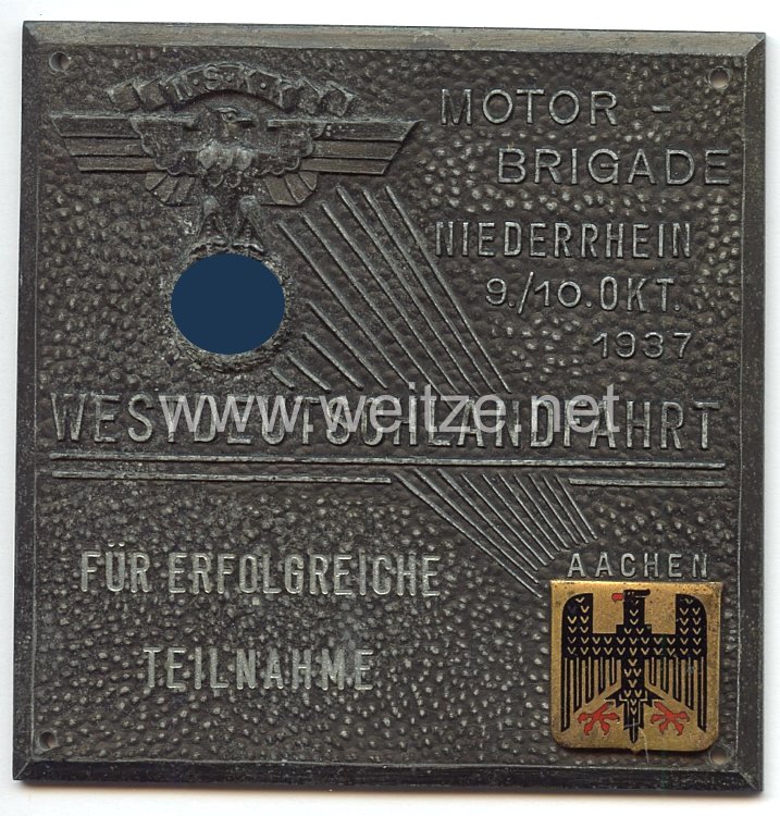 NSKK - nichttragbare Teilnehmerplakette - " NSKK Motorgruppe Niederrhein Westdeutschlandfahrt 9./10. Okt. 1937 - Für erfolgreiche Teilnahme "