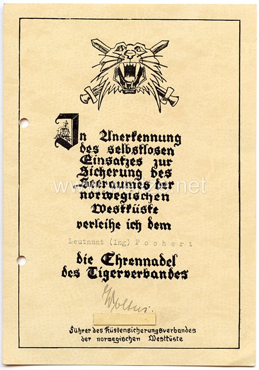 Kriegsmarine - Verleihungsurkunde für die Ehrennadel des Tigerverbandes