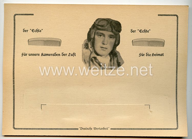 III. Reich - Werbeblatt mit Halterung für einen Kamm " Deutsche Wertarbeit " für die Flieger der Luftwaffe 