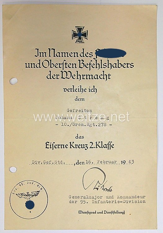 Heer - Verleihungsurkunde Eisernes Kreuz 2. Klasse