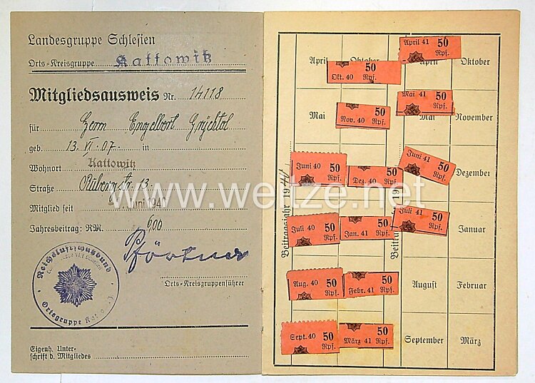 Reichsluftschutzbund ( RLB )  Landesgruppe Schlesien - Mitgliedsausweis Bild 2