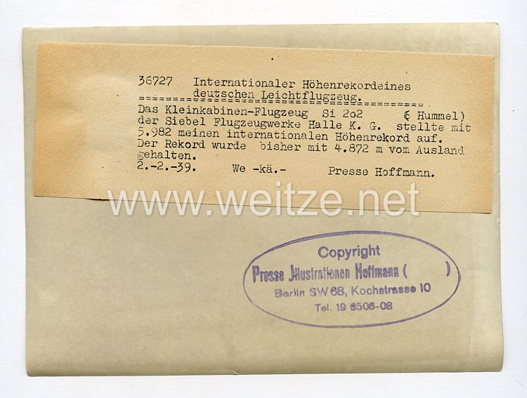 III. Reich Pressefoto. Internationaler Höhenrekord eines deutschen Leichtflugzeug. 2.2.1939. Bild 2