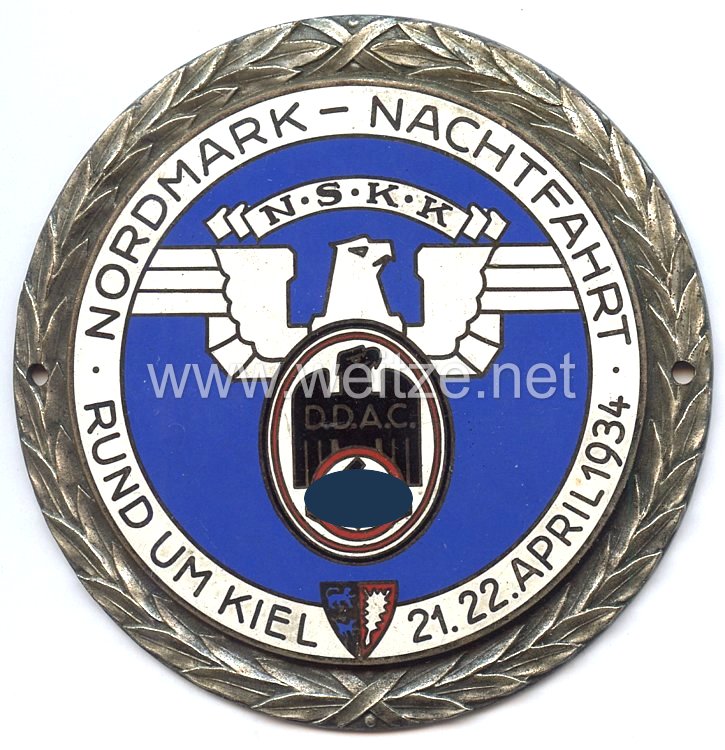NSKK / DDAC - nichttragbare Teilnehmerplakette - " Nordmark-Nachtfahrt rund um Kiel 21./22. April 1934 "