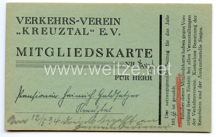 III. Reich - Verkehrs-Verein " Kreuztal " e.V. - Mitgliedskarte für 1934