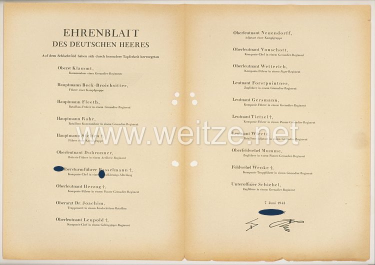 Ehrenblatt des deutschen Heeres - Ausgabe vom 7. Juni 1943