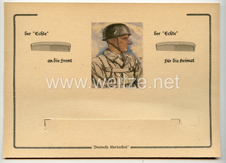 III. Reich - Werbeblatt mit Halterung für einen Kamm " Deutsche Wertarbeit " für die Fallschirmjäger der Luftwaffe 