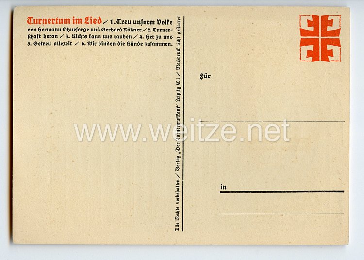 III. Reich - farbige Propaganda-Postkarte - " Treu unserm Volke - Turnertum im Lied " Bild 2