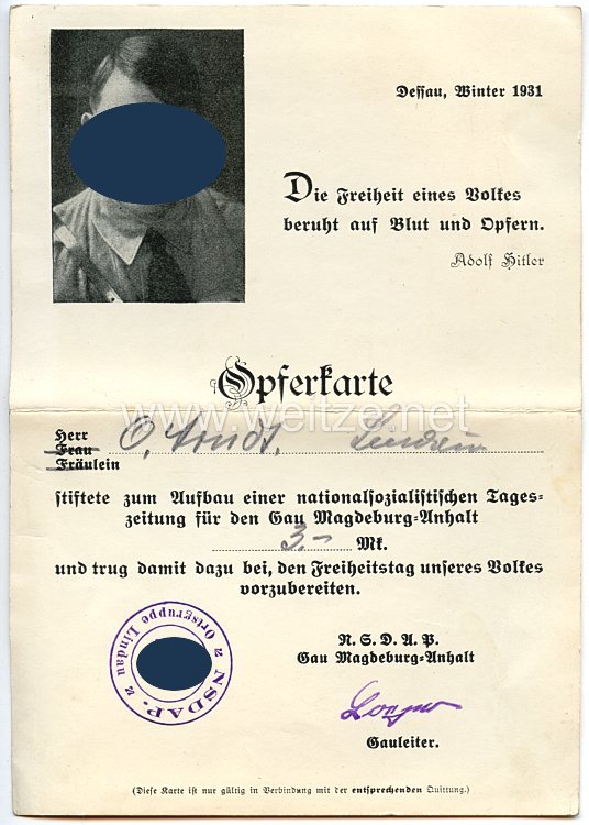 NSDAP - Mitgliedsbuch Nr. 986088, NSDAP-Opferringkarte und weitere Dokumente für einen Mann des Jahrgangs 1886 aus Lindau Bild 2