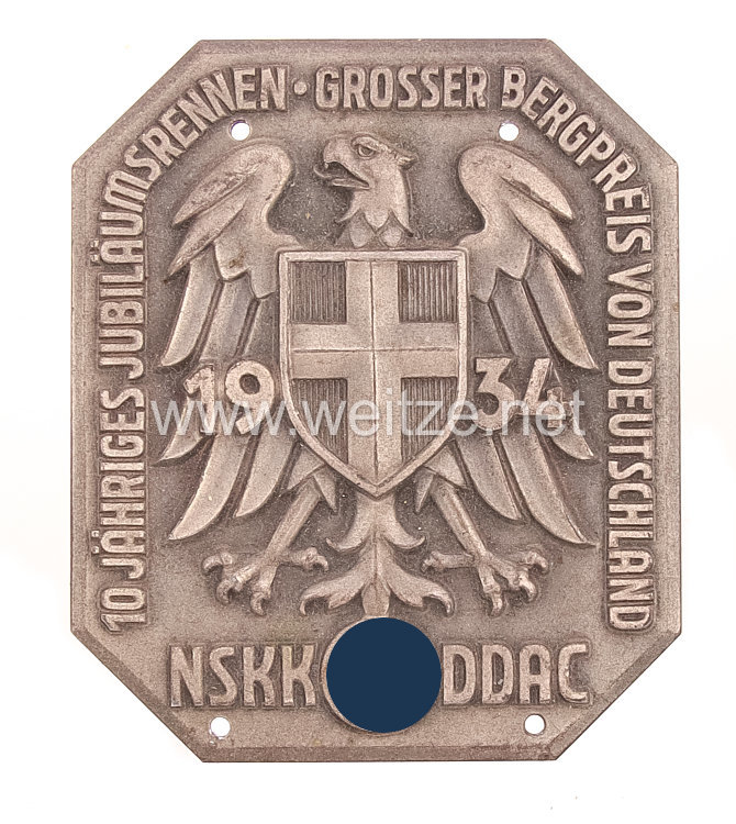 NSKK / DDAC - nichttragbare Teilnehmerplakette - " 10 jähriges Jubiläumsrennen - Grosser Bergpreis von Deutschland 1934 "