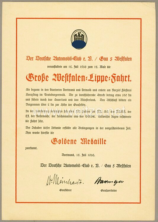 III. Reich - Der Deutsche Automobil-Club ( DDAC ) - Verleihungsurkunde für die Goldene Medaille