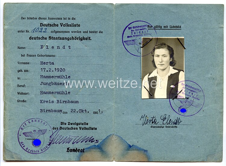 III. Reich - Ausweis der Deutschen Volksliste für eine Frau des Jahrgangs 1920 aus Hammermühle Bild 2