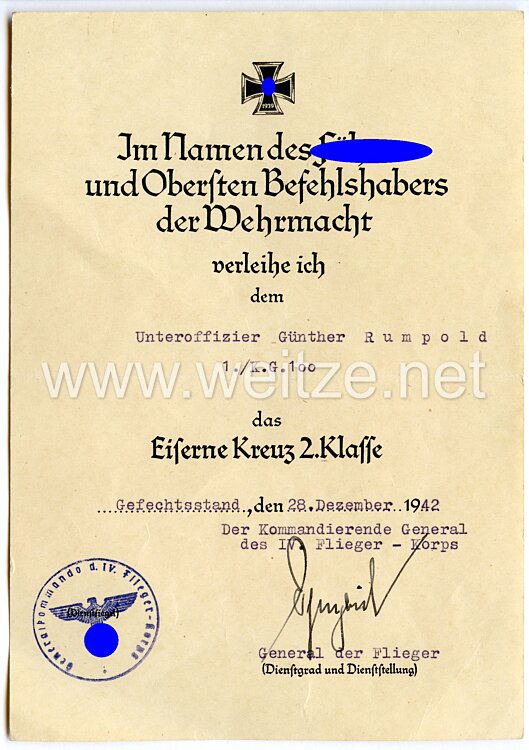 Luftwaffe - Urkundentrio für einen Unteroffizier der 1./Kampfgeschwader 100 Bild 2