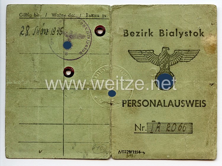 III. Reich / Besetzte Ostgebiete - Bezirk Bialystok - Personalausweis für einen Jungen des Jahrgangs 1929