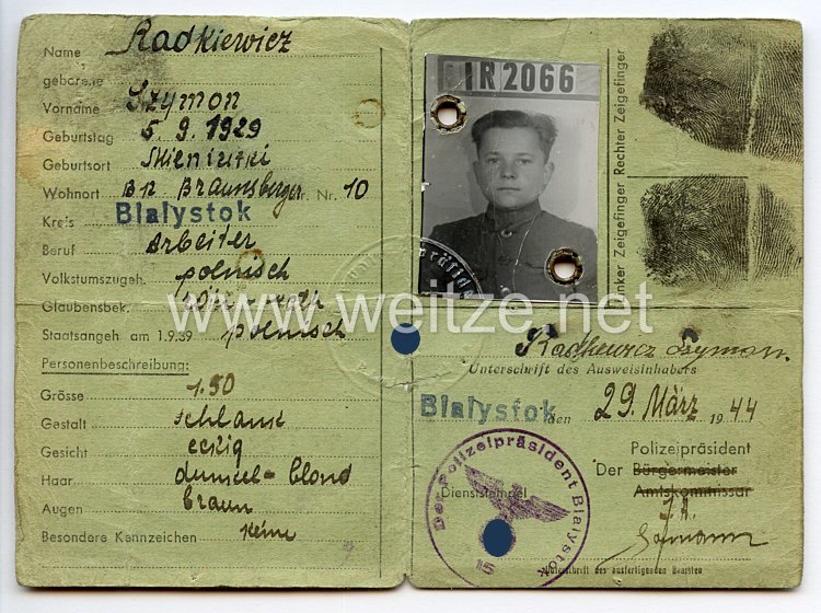 III. Reich / Besetzte Ostgebiete - Bezirk Bialystok - Personalausweis für einen Jungen des Jahrgangs 1929 Bild 2