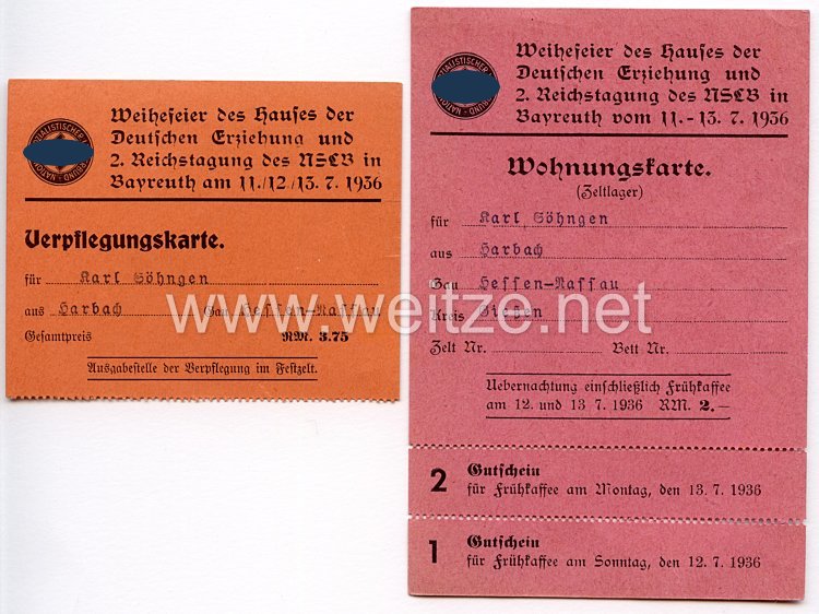 NSDAP - Weihefeier des Hauses der Deutschen Erziehung und 2. Reichstagung des NSLB in Bayreuth vom 11.-13.7.1936 - Wohnungskarte und Verpflegungskarte