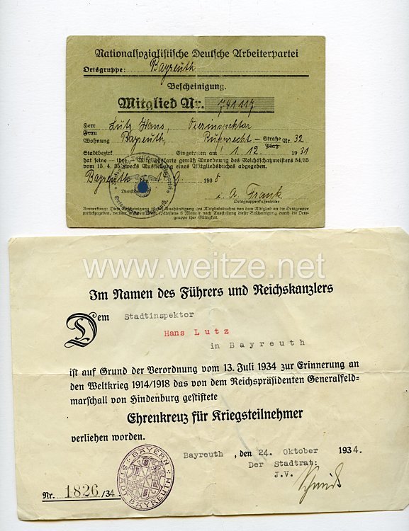 NSDAP - Ortsgruppe Bayreuth - Bescheinigung über Abgabe der Mitgliedskarte zwecks Ausstellung eines Mitgliedsbuches