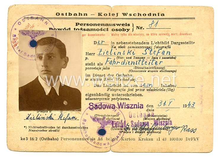 III. Reich - Ostbahn - Kolej Wschodnia Personalausweis für eine Mann