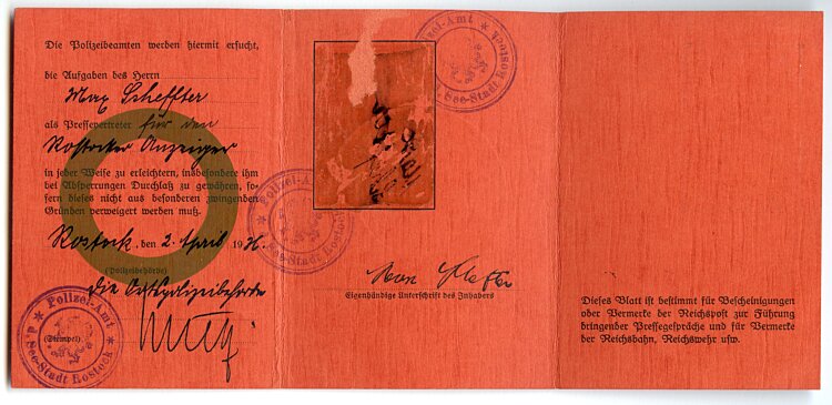 III. Reich - Presseausweis 1936 eines Pressevertreters für den " Rostocker Anzeiger " Bild 2
