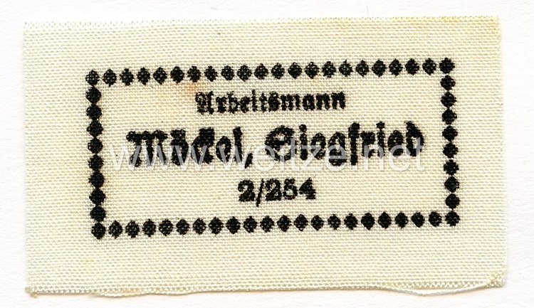 Reichsarbeitsdienst (RAD) Namensetikett für die Uniform "Arbeitsmann Möckel Siegfried 2/254"