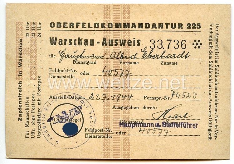 Oberfeldkommandantur 225 - Warschau-Ausweis für einen Hauptmann der Fp.-Nr. 40577 ( Zugwach-Kp.504 )