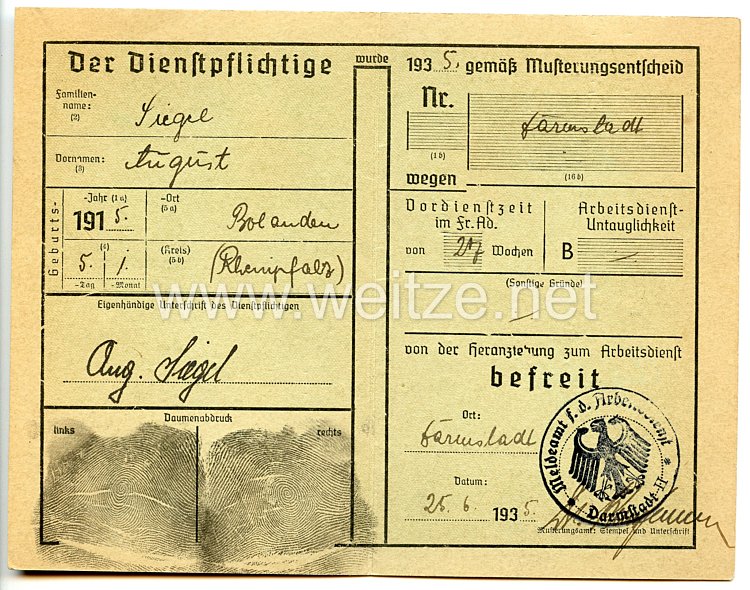 Reichsarbeitsdienst ( RAD ) - Ausmusterungsschein 1935/36 Bild 2