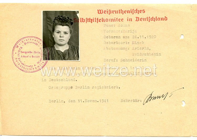 III. Reich - Ausweiskarte des Weißruthenisches Selbsthilfekomitee in Deutschland für eine Frau des Jahrgangs 1920