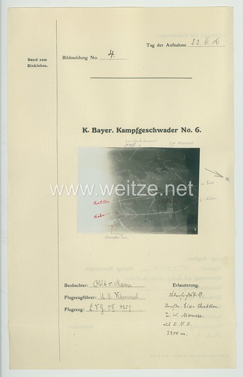Fliegerei 1. Weltkrieg - Königl.Bayer. Kampfgeschwader No. 6 - Bildmeldung No. 4 vom 22.6.1916