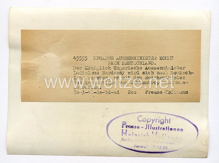 III. Reich Pressefoto. Ungarns Außenminister kommt nach Deutschland. 20.03.1941. Bild 2