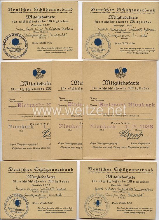 III. Reich - Deutscher Schützenverband - Kleine Gruppe von 7 Mitgliedskarten für nichtschießende Mitglieder