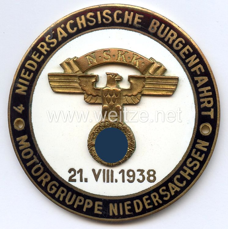 NSKK - nichttragbare Teilnehmerplakette - " Motorgruppe Niedersachsen 4. Niedersächsische Burgenfahrt 21.8.1938 "