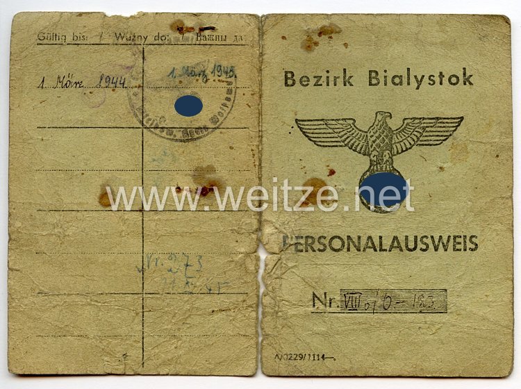 III. Reich / Besetzte Ostgebiete - Bezirk Bialystok - Personalausweis für eine Frau des Jahrgangs 1900