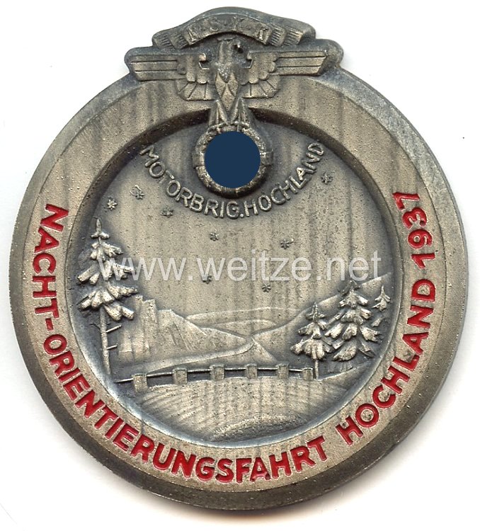 NSKK - nichttragbare Teilnehmerplakette - " Motorbrigade Hochland - Nacht-Orientierungsfahrt Hochland 1937 "