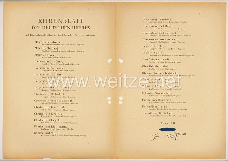 Ehrenblatt des deutschen Heeres - Ausgabe vom 28. April 1943