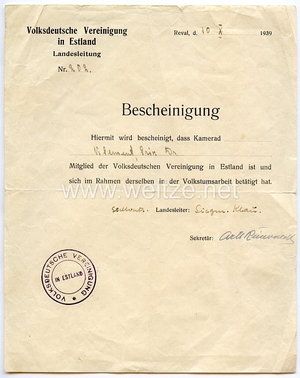 III. Reich - Volksdeutsche Vereinigung in Estland - Bescheinigung