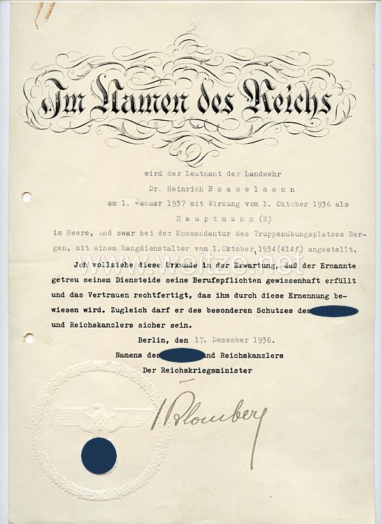 III. Reich - Originalunterschrift von Reichskriegsminister Werner von Blomberg auf einer Anstellungsurkunde 