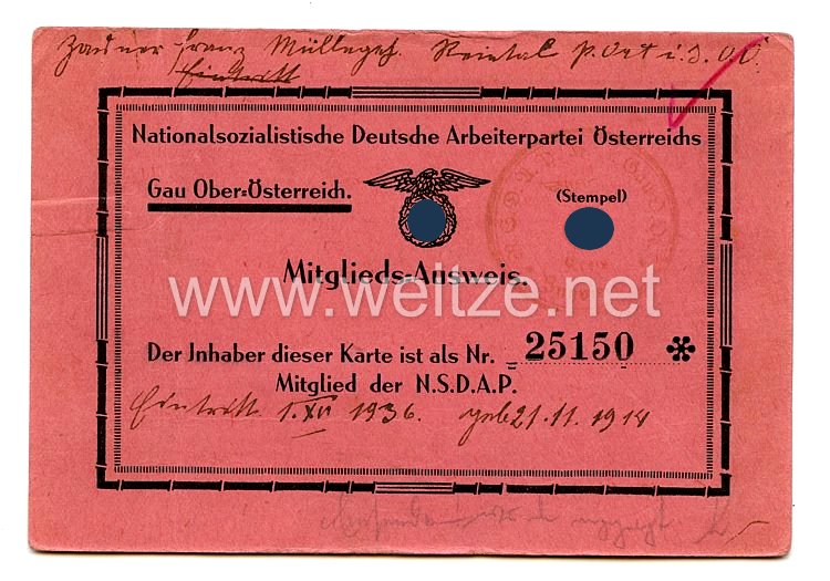 NSDAP - Gau - Oberösterreich - Mitgliedskarte